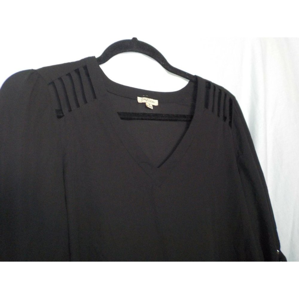 Lily White Sheer Black Blouse Top Cold Shoulder Roll-Up Tabs